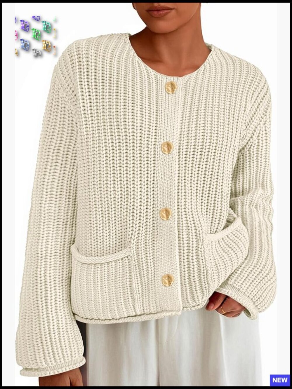 Oversized Chunky Knit Cardigan Crewneck Button Front Sweater with Pockets